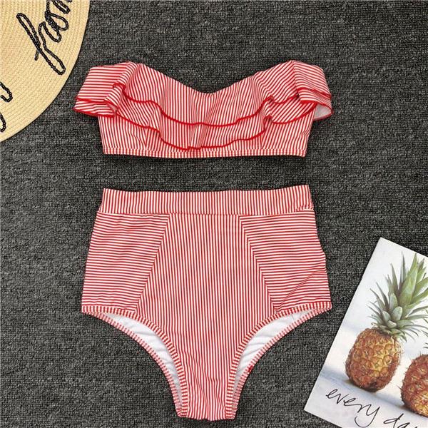 Lyrae Sweet Ruffle Bandeau Bikini Bikini Set PLAVKY Bikini1 Store Red Striped S 