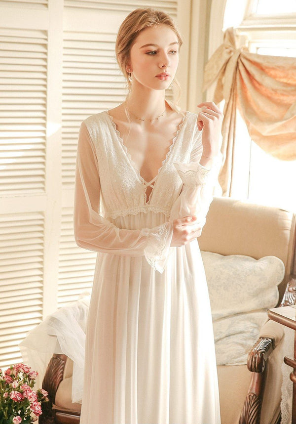 Ladies Nightgown Lace Long Nightdress Vintage Woman Lace Sleeve Summer Nightgowns Dress INS Fashion Sleepwear Fairy Diosa Divina 