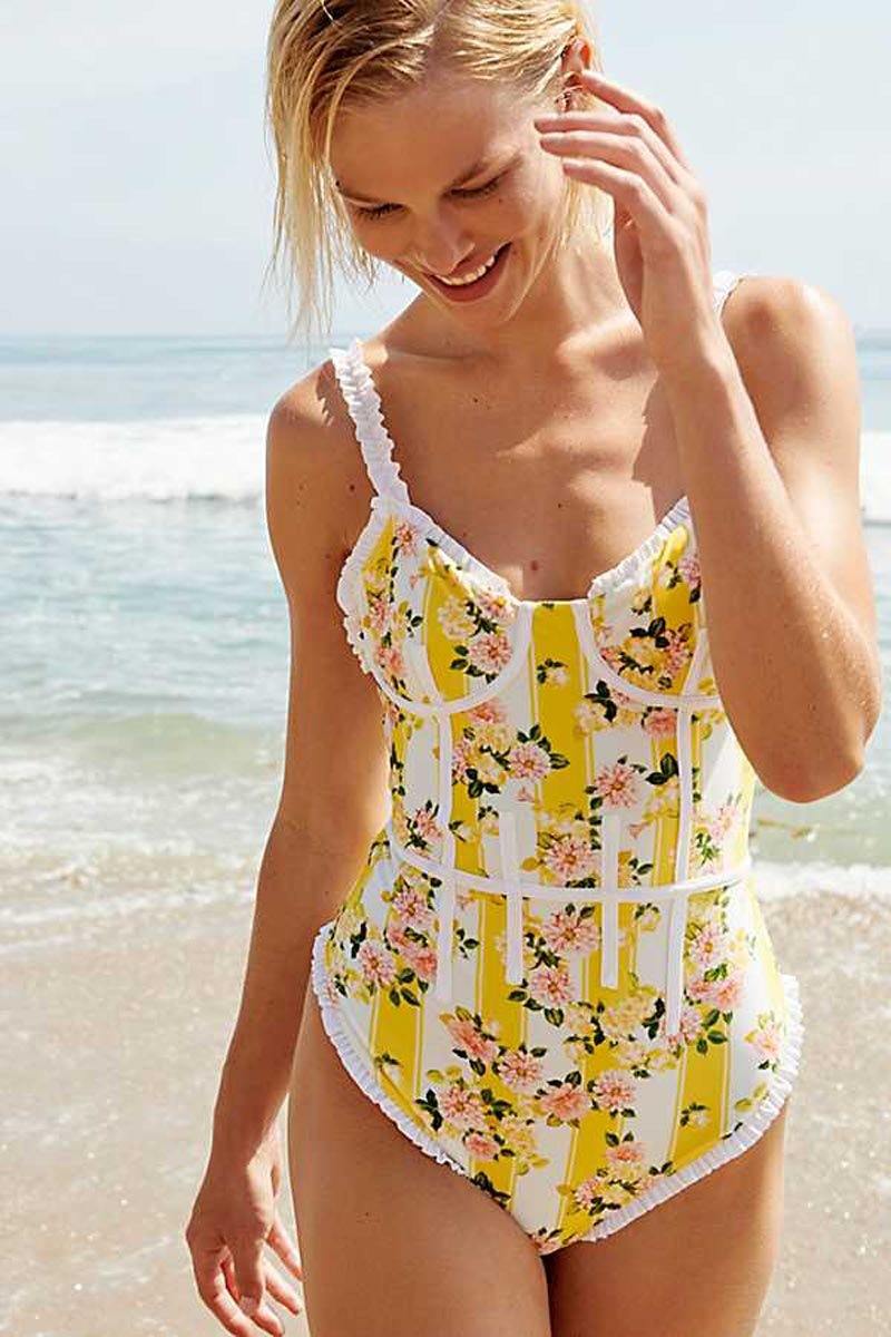Heze Vintage Lace Swimsuit Body Suits Beach Shiny Store Yellow Floral S 