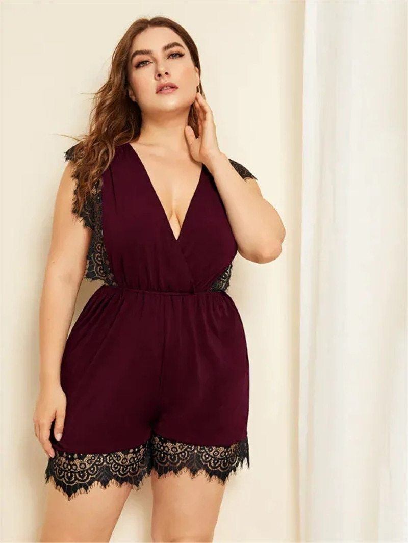 Plus Size Playsuit Women Summer V-neck Lace Embroidery Bordered Elastic Waist Sleeveless 2020 Jumpsuit Rompers XL-4XL D03407Y Diosa Divina 
