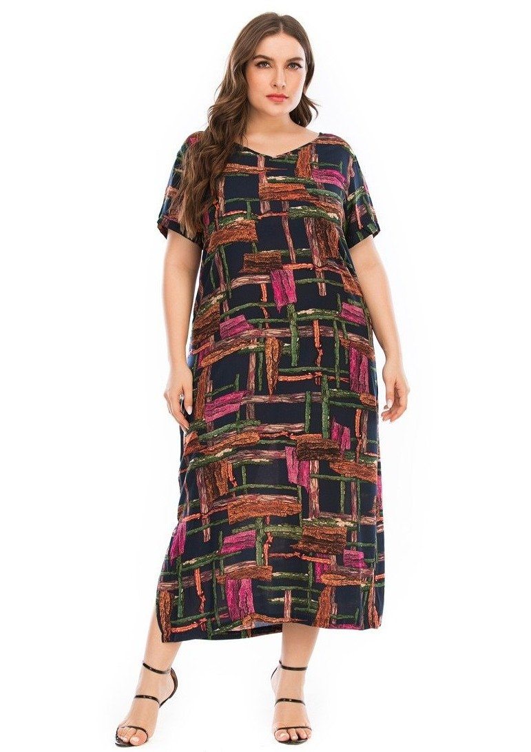 Plus Size Colorful Plaid Print Maxi Dresses Diosa Divina MULTI XXXL 