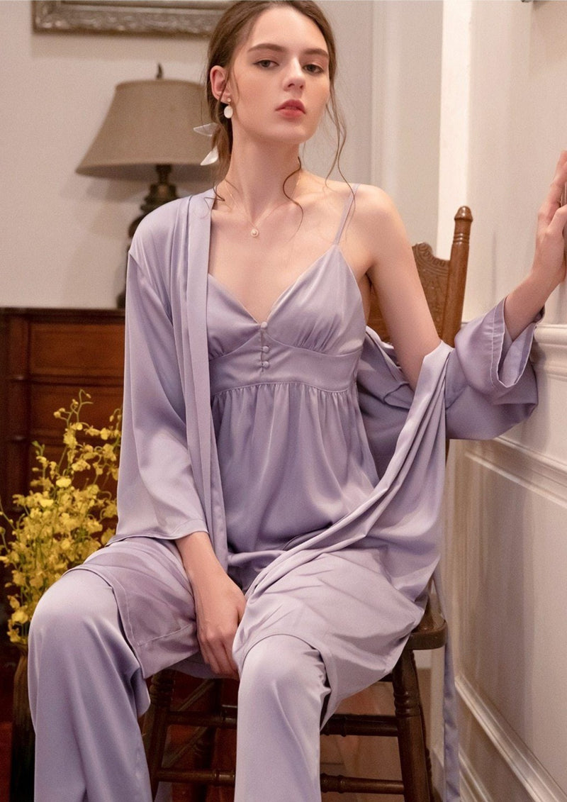 Pyjamas Women Autumn Satin V-neck Romantic Sleepwear Long Sleeve Morning  Robe Pajamas Home Clothes 3pcs Set Pijama …