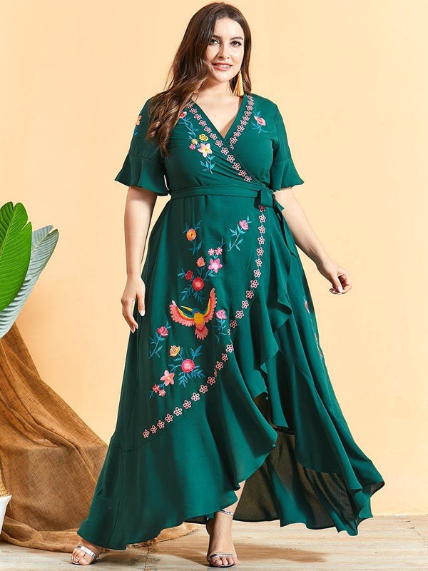 Plus Size Embroidery Floral Maxi Dress Diosa Divina Green XXL 