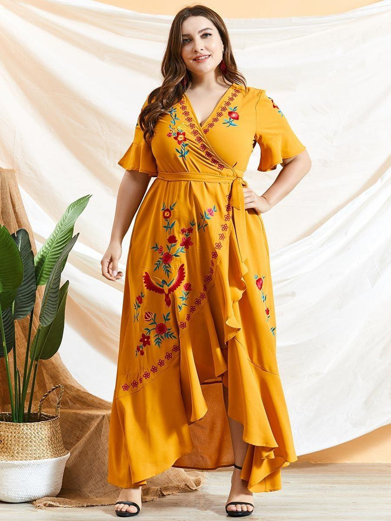 Plus Size Embroidery Floral Maxi Dress Diosa Divina Yellow L 
