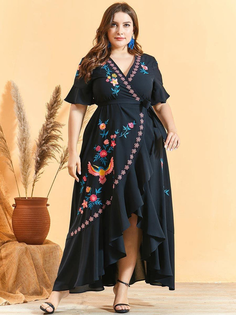Plus Size Embroidery Floral Maxi Dress Diosa Divina Black 4XL 