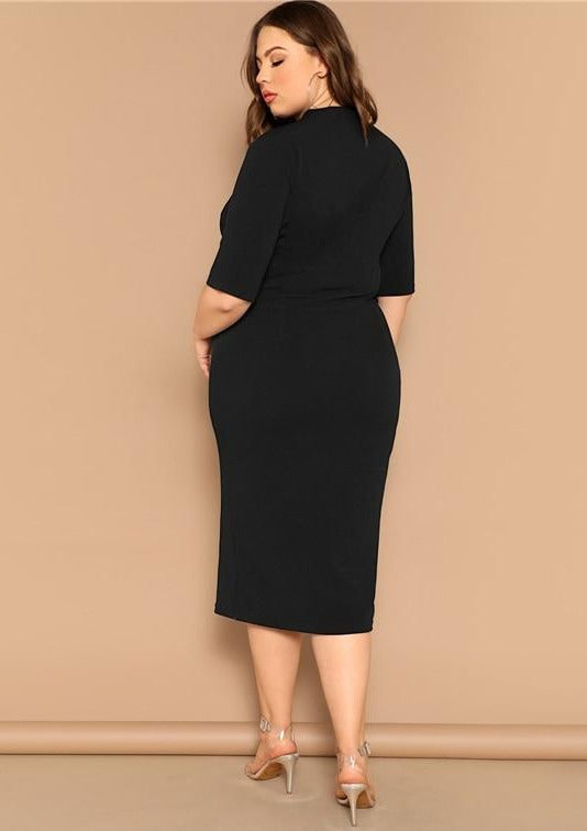 SHEIN Classy Black Plus Size Mock-neck Solid Pencil Slim Dress Women Spring Office Lady Bodycon Basics Plus Size Long Dresses Diosa Divina 
