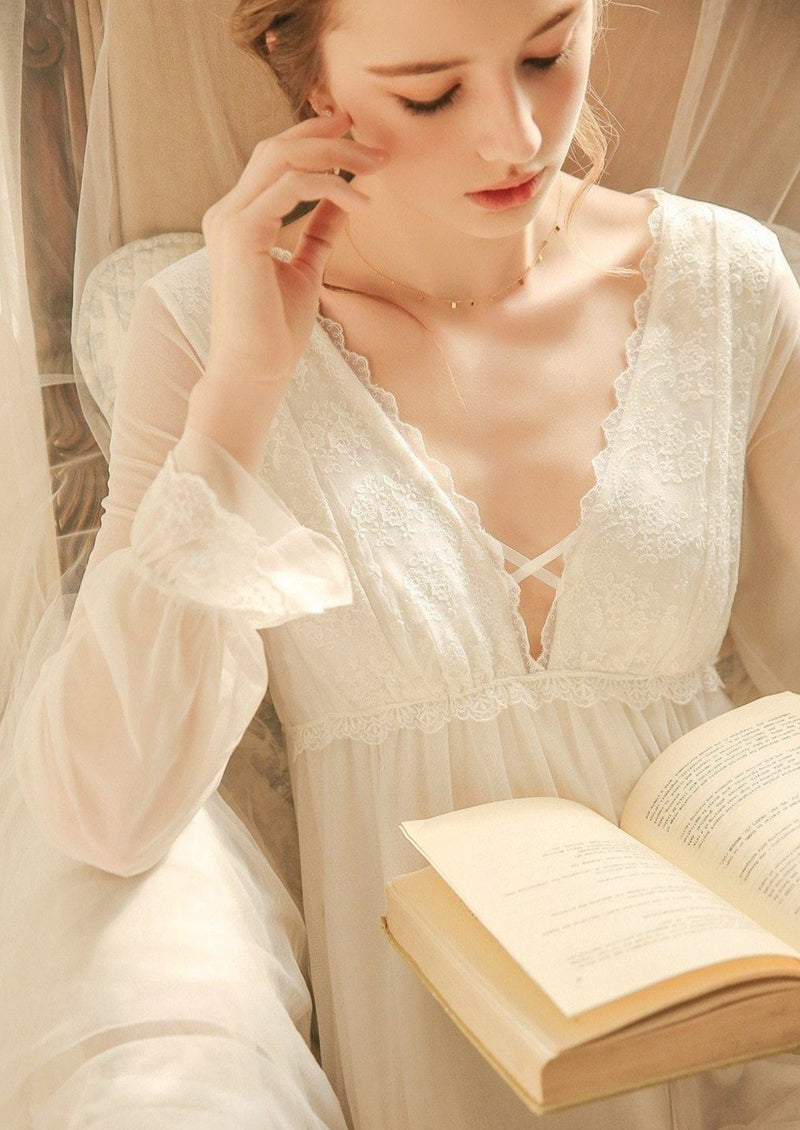 Ladies Nightgown Lace Long Nightdress Vintage Woman Lace Sleeve Summer Nightgowns Dress INS Fashion Sleepwear Fairy Diosa Divina 