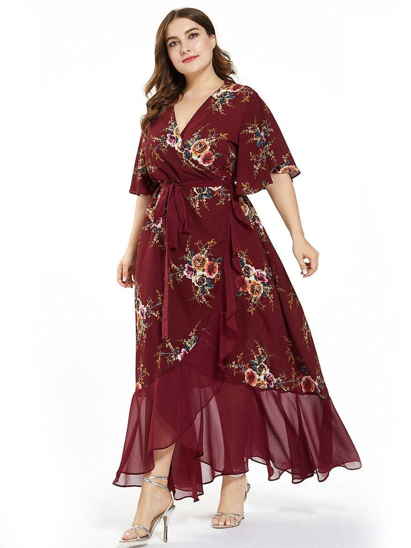 New design Summer Plus Size Dress Women's Printed Chiffon Stitching Fashion Slit Irregular Ladies Floral Maxi Dress Diosa Divina 