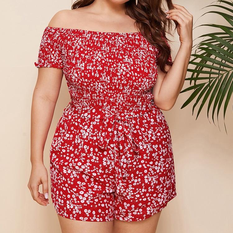 2021 Summer Latest Women Plus Size Short Jumpsuits Beach Style Sexy Slash Neck Short Sleeve High Waist Sashes Skinny Rompers Diosa Divina 