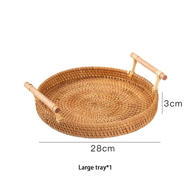 Handwoven Rattan Storage Tray With Wooden Handle