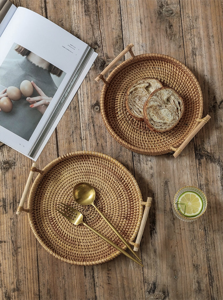 Handwoven Rattan Storage Tray With Wooden Handle